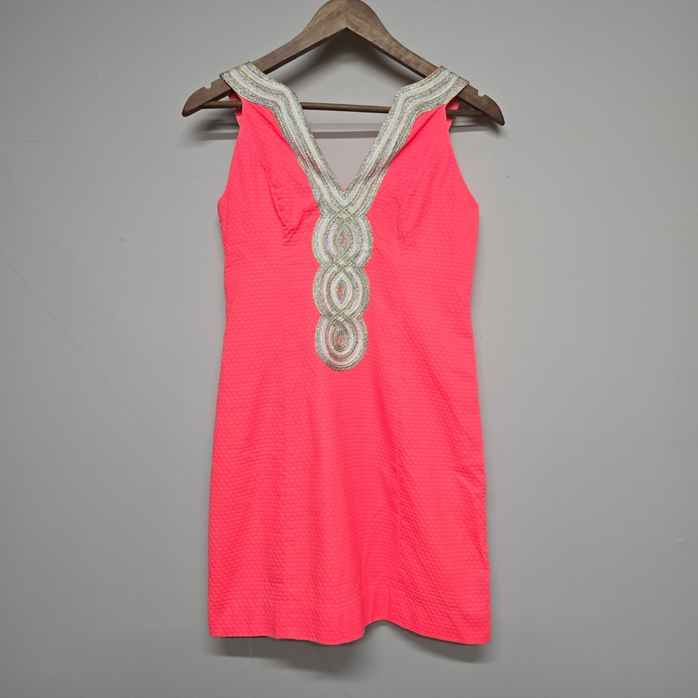 Lilly Pulitzer Valli Dress Women 0 Neon Pink Cotton Soutache Preppy Coastal